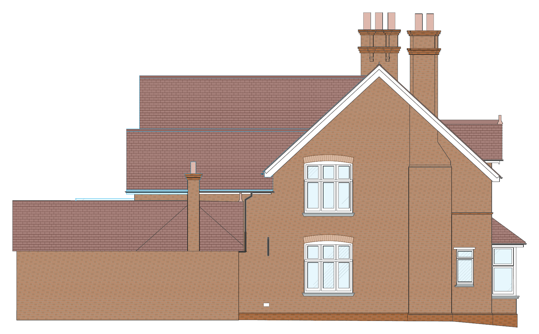 Proposed side elevation showing the extended roof and the retained outbuilding.