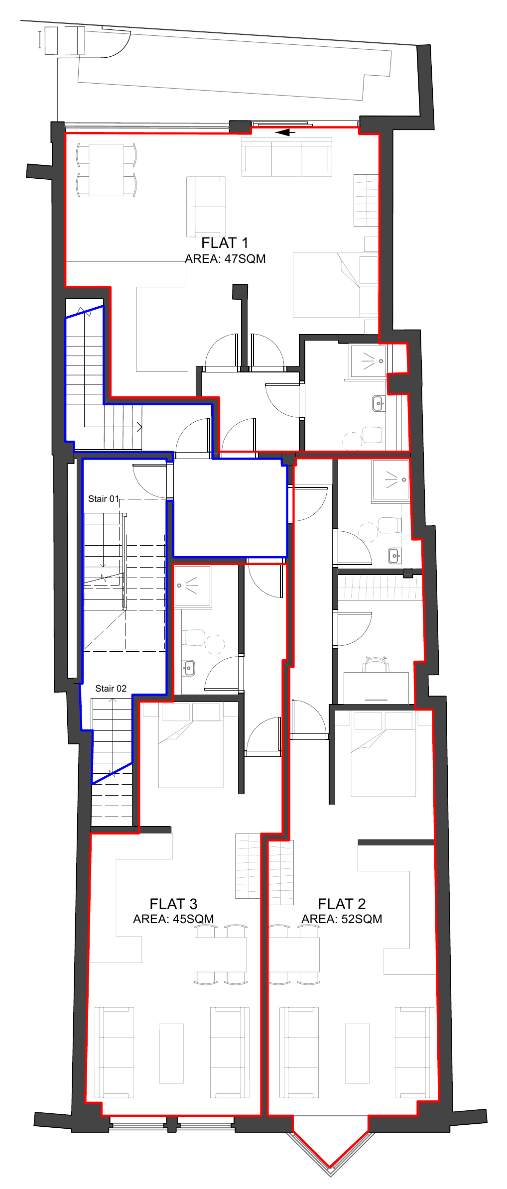 First floor lease plan showing apartments 1, 2 and 3.