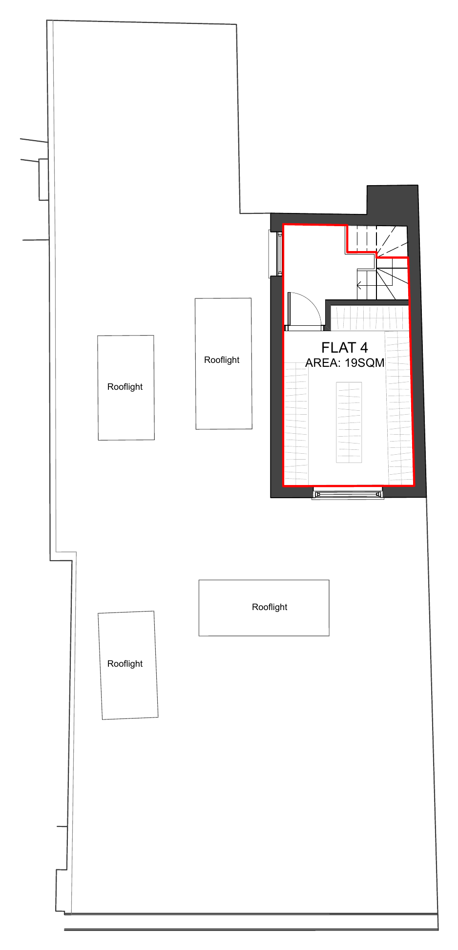 Third floor lease plan showing the upper level of apartment 4 and four rooflights.